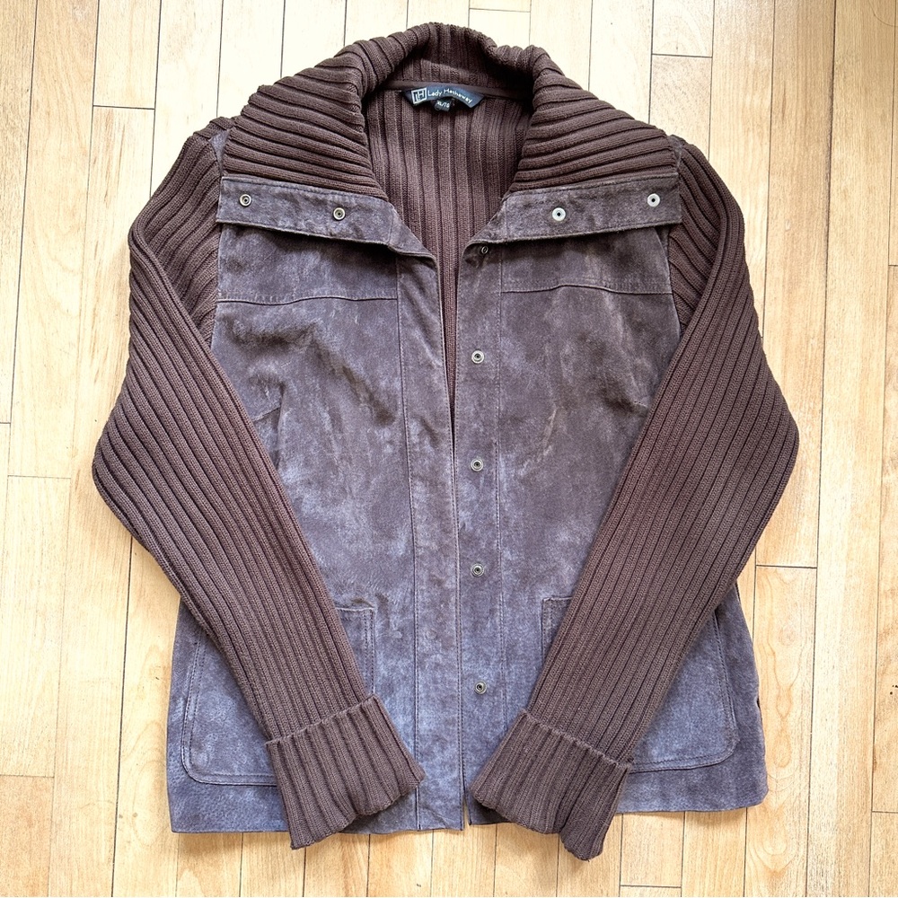 VINTAGE STYLE CHOCOLATE SUEDE LEATHER KNIT BLAZER JACKET OVERSIZED RELAXED M-XL